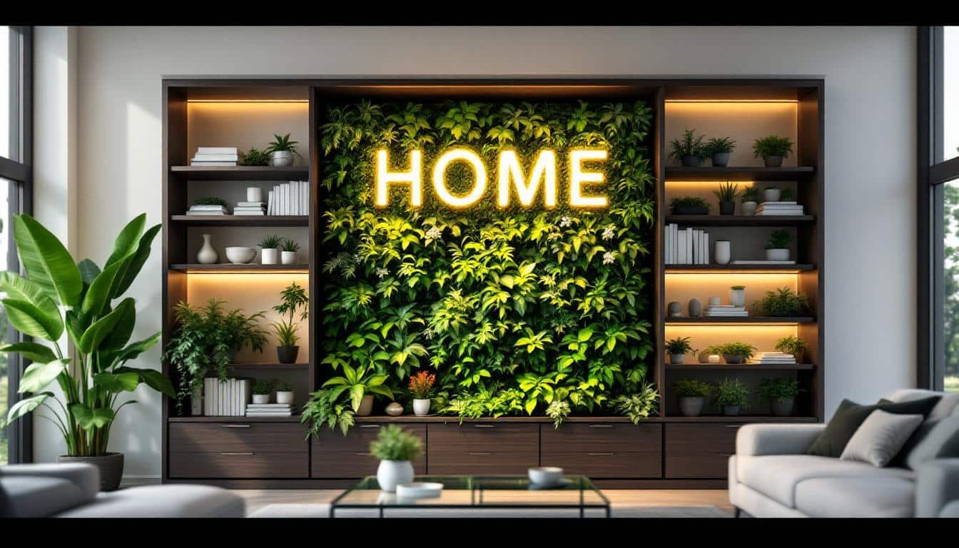 découvrez comment sublimer votre intérieur grâce à la création d’un mur végétal stabilisé intégré dans un meuble, avec un lettrage lumineux en led pour une touche design et personnalisée.