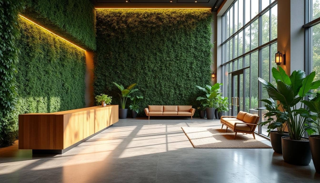 découvrez l'entrée végétalisée d'ilo, où un mur de lichens et de fleurs séchées crée un écrin naturel accueillant, parfait pour apporter fraîcheur et originalité à votre espace.