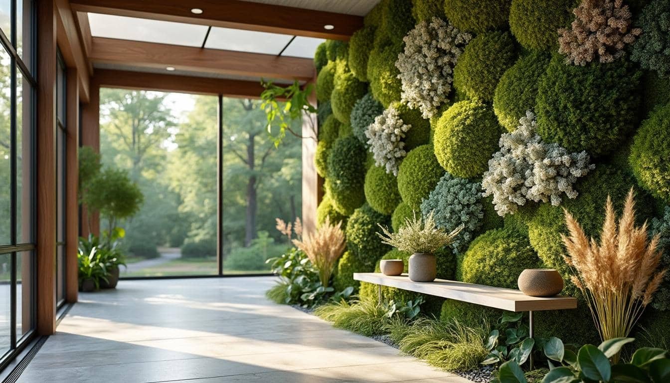 découvrez l’espace d’accueil d’ilo sublimé par un hall d’entrée végétalisé : un mur de lichens et de fleurs séchées crée une atmosphère naturelle et élégante, idéale pour une première impression mémorable.