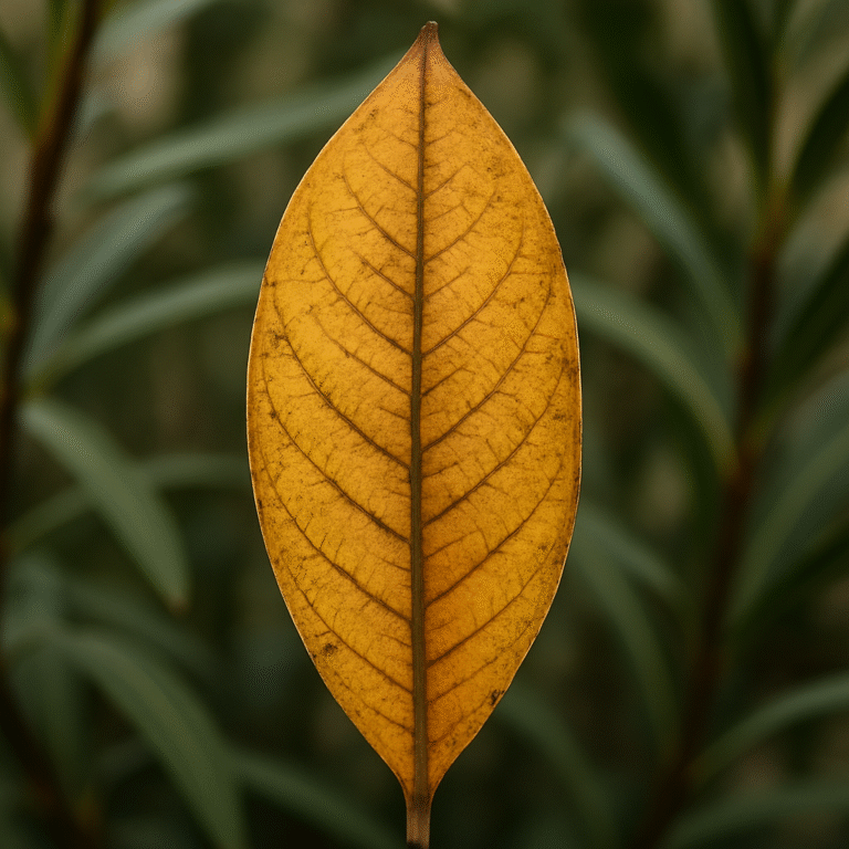 une feuille de lauriet jaunie avec au fond des feuille verte