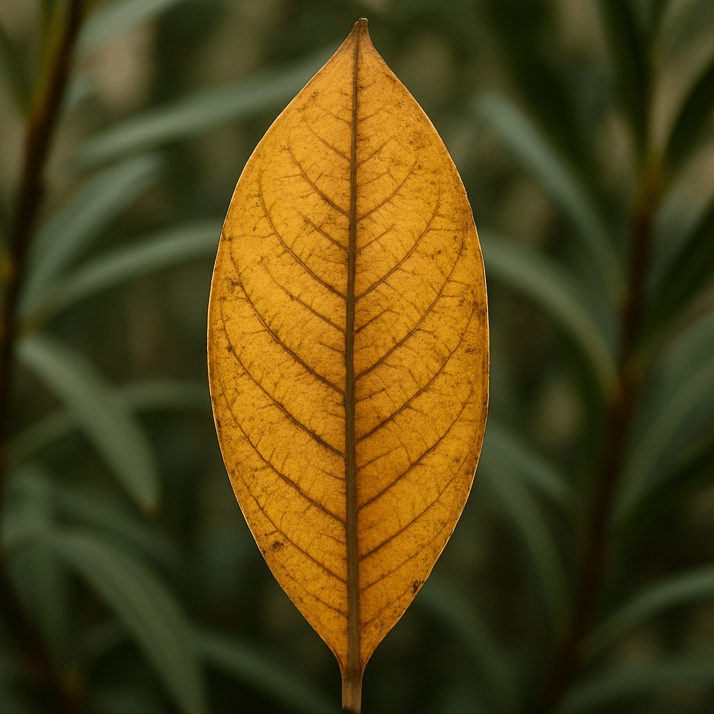 une feuille de lauriet jaunie avec au fond des feuille verte