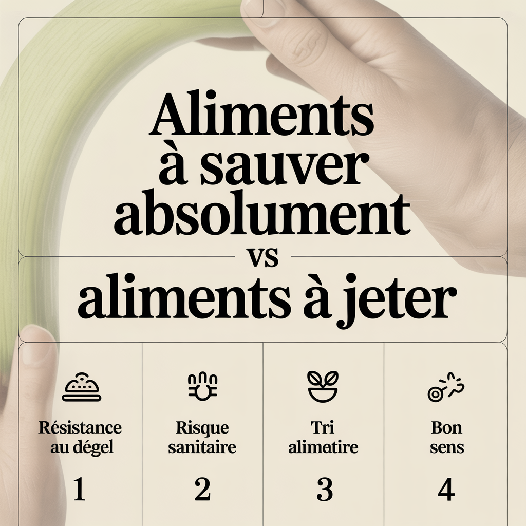 Infographie 16:9 palette crème douce avec quatre panneaux illustrant « Aliments à sauver absolument vs aliments à jeter » ; icônes flat et étiquettes « Résistance au dégel », « Risque sanitaire », « Tri alimentaire », « Bon sens » sur fond crème, texte noir sans-serif, style ligne douce.