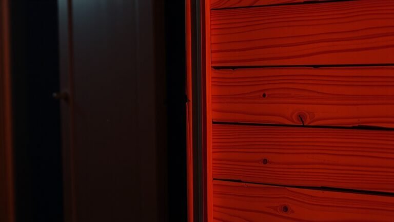 Coin d’un mur en bois ancien dans une maison calme la nuit, lumière chaude douce, grain de bois visible avec fissures, poussière flottante, peinture écaillée texturée, ambiance paisible et légèrement tendue