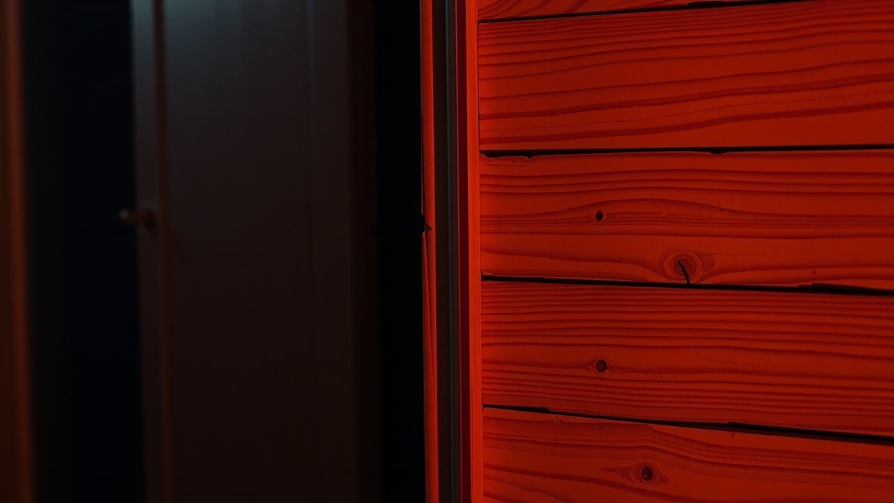 Coin d’un mur en bois ancien dans une maison calme la nuit, lumière chaude douce, grain de bois visible avec fissures, poussière flottante, peinture écaillée texturée, ambiance paisible et légèrement tendue
