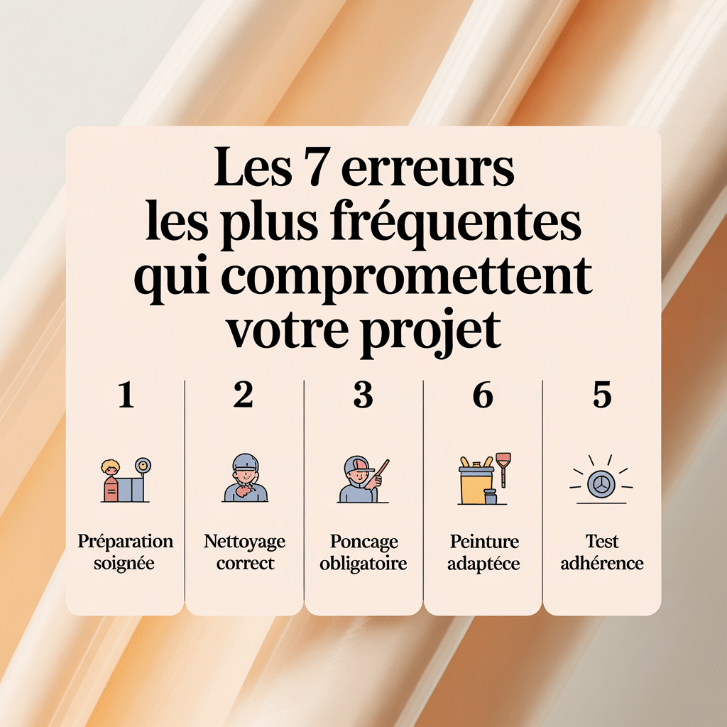 image-107 Infographie 16:9 palette crème douce montrant les 7 erreurs fréquentes compromettant un projet avec cinq panneaux numérotés et icônes flat vector : préparation, nettoyage, ponçage, peinture et test d'adhérence, style lignes douces et texte sans-serif noir sur fond crème.