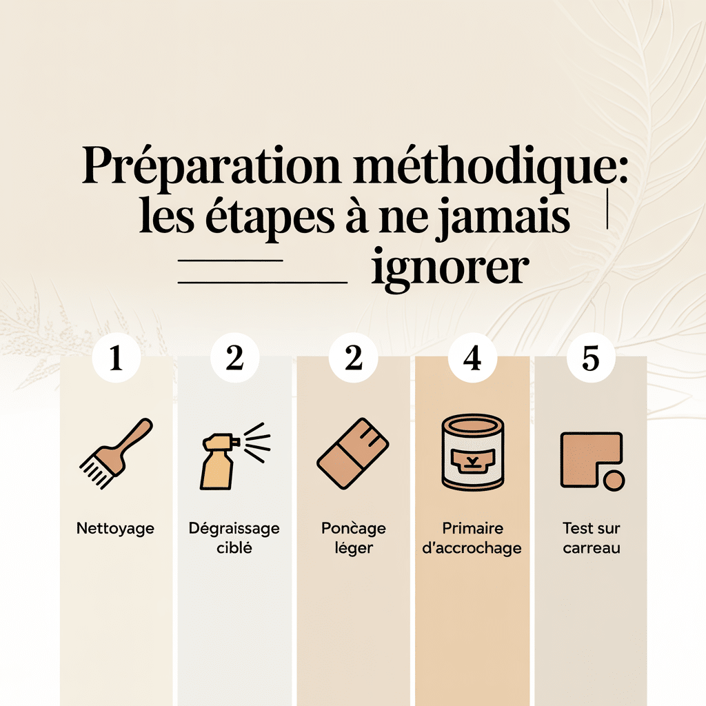 image-108 Préparation méthodique : infographie 16:9 en palette crème douce avec cinq étapes clés illustrées par icônes flat vector – nettoyage, dégraissage ciblé, ponçage léger, primaire d'accrochage, test sur carreau – design épuré, lignes douces, texte noir sans-serif sur fond crème clair.