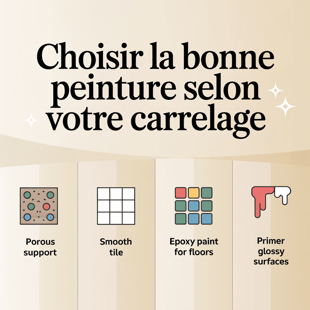 image-109 Infographie 16:9 palette crème douce montrant quatre panneaux alignés avec icônes flat vector : Support poreux, Carrelage lisse, Peinture époxy sols, Primaire surfaces brillantes, style lignes douces, texte noir sans-serif, fond crème, titre « Choisir la bonne peinture selon votre carrelage ».