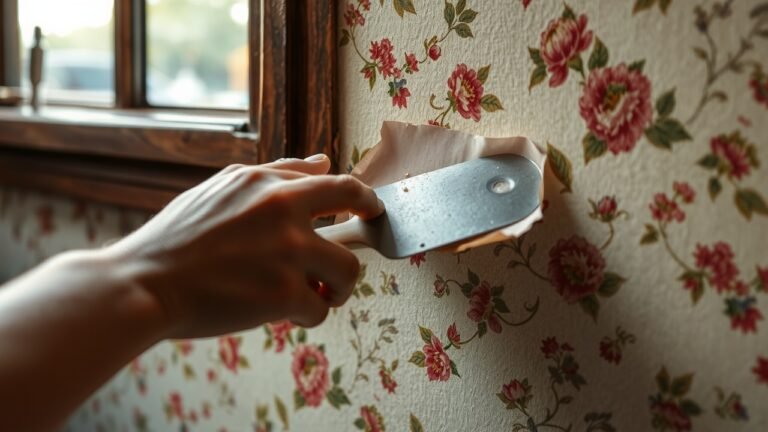 Gros plan sur des mains utilisant une spatule métallique pour décoller un vieux papier peint floral d’un mur texturé, éclairage naturel, poussière en suspension, bords décollés en léger flou, tons chauds et ombres douces.