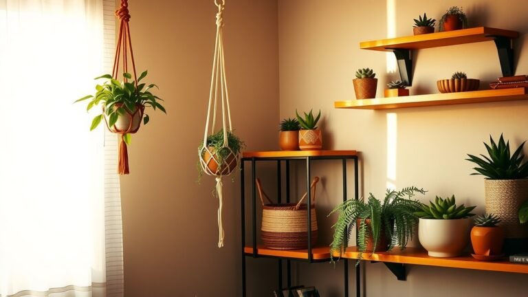Coin salon cosy éclairé d'une lumière chaude, plantes pothos suspendues en macramé, étagères en bois décorées de succulentes et fougères, pots en céramique texturée et rotin, ambiance naturelle aux tons verts et terre, effet grain film 35 mm, flou d'arrière-plan.