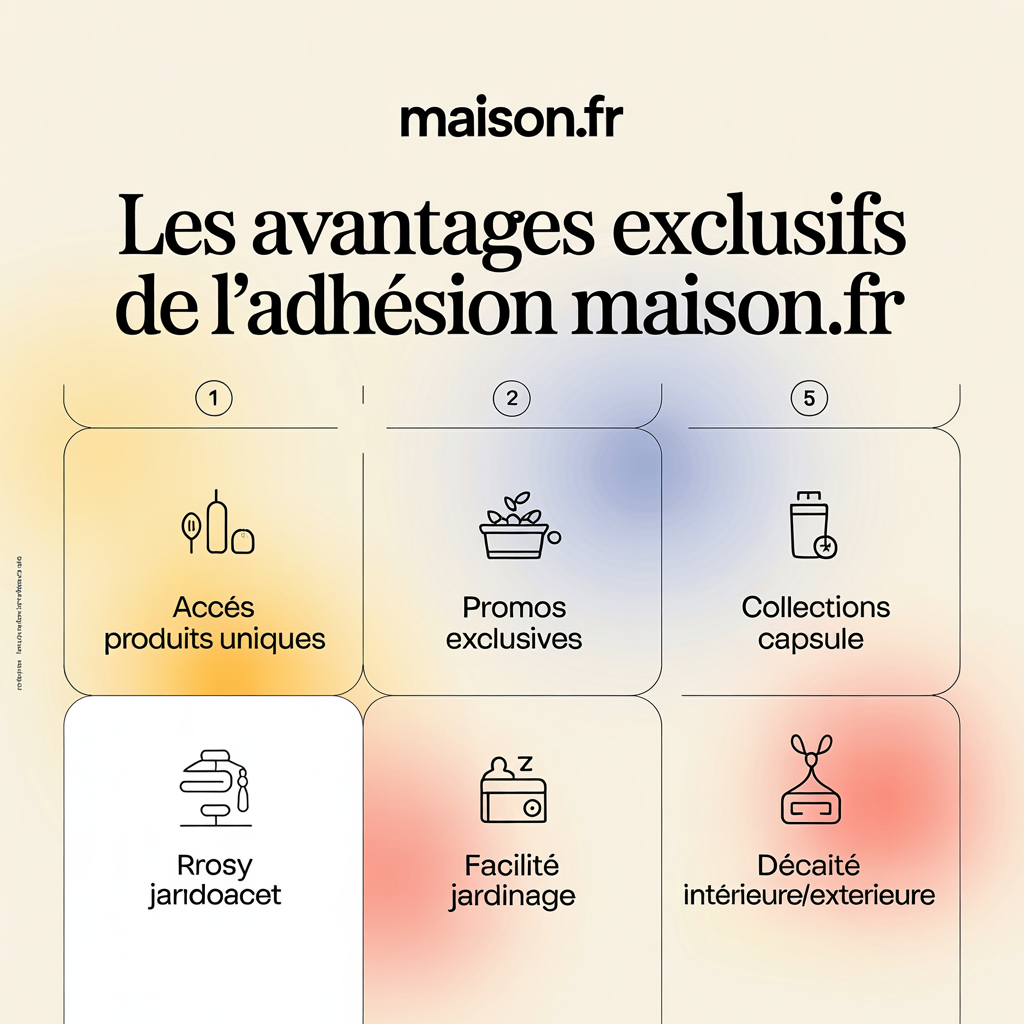 image-12 Infographie 16:9 aux tons crème doux présentant les avantages exclusifs de l'adhésion Maison.fr avec cinq panneaux numérotés et icônes flat vector : accès produits uniques, promos exclusives, collections capsule, facilité jardinage, décoration intérieure/extérieure, texte noir sans-serif sur fond crème clair.