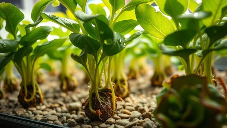 Plantes hydroponiques en pleine croissance avec racines visibles dans solution nutritive claire, lumière naturelle douce, gouttes d'eau sur feuilles vertes, texture délicate de billes d’argile, herbes fraîches et laitue en intérieur moderne.