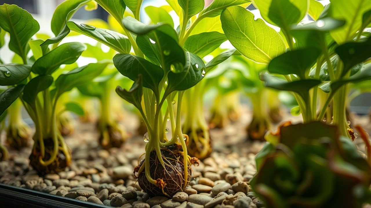 Plantes hydroponiques en pleine croissance avec racines visibles dans solution nutritive claire, lumière naturelle douce, gouttes d'eau sur feuilles vertes, texture délicate de billes d’argile, herbes fraîches et laitue en intérieur moderne.