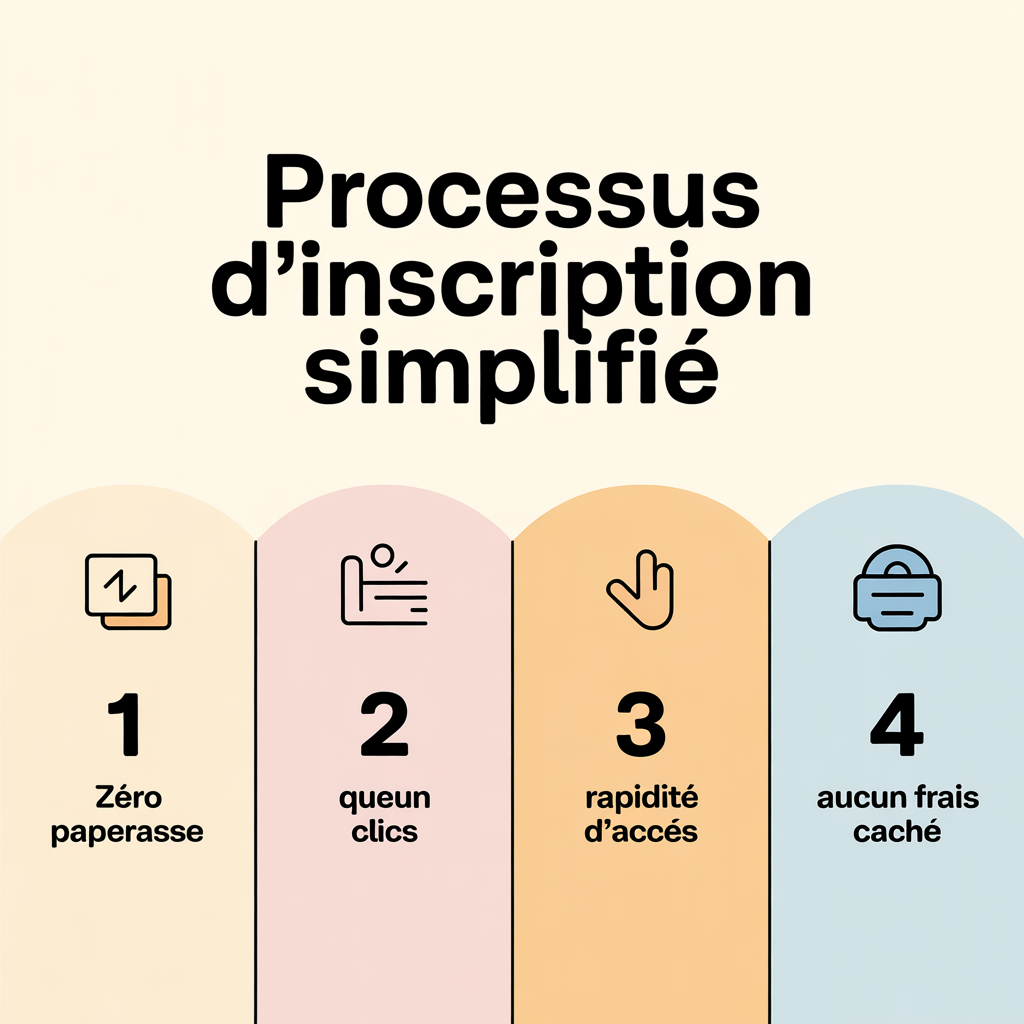 Infographie 16:9 palette crème douce illustrant le processus d'inscription simplifié avec quatre panneaux alignés, icônes flat style vectoriel aux contours doux, texte noir sans-serif : zéro paperasse, quelques clics, rapidité d’accès, aucun frais caché sur fond crème clair.