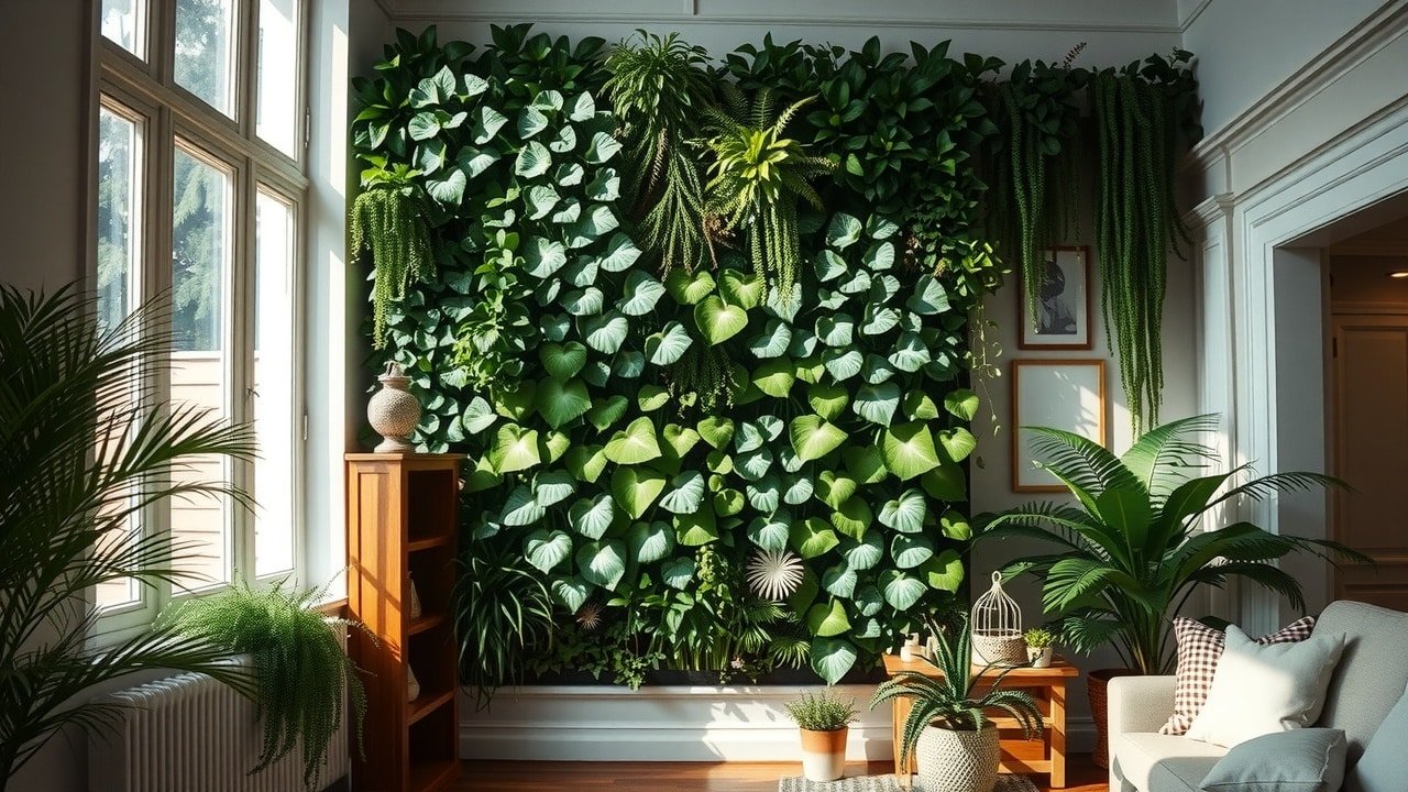 Jardin vertical intérieur luxuriant en angle large dans un salon moderne, lumière naturelle douce filtrant par les fenêtres, feuilles vertes vives avec gouttes d'eau, textures détaillées de fougères et succulentes, ombres douces sur mur blanc, ambiance cosy et sereine.