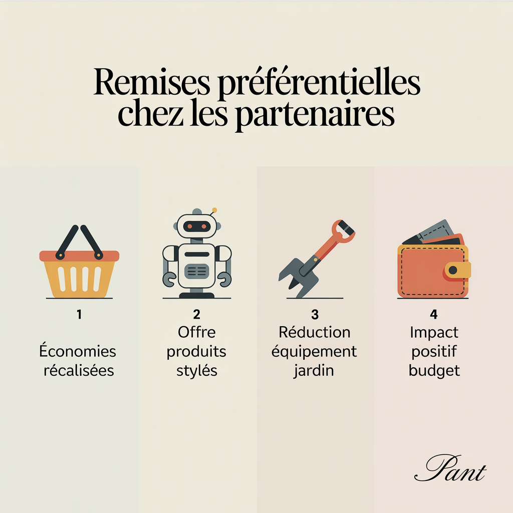 Infographie 16:9 palette crème douce avec quatre panneaux alignés, icônes flat vector style traits doux : panier « 1 Économies réalisées », robot cuisine « 2 Offre produits stylés », jardin « 3 Réduction équipement jardin », porte-monnaie « 4 Impact positif budget », texte noir sans-serif sur fond crème.