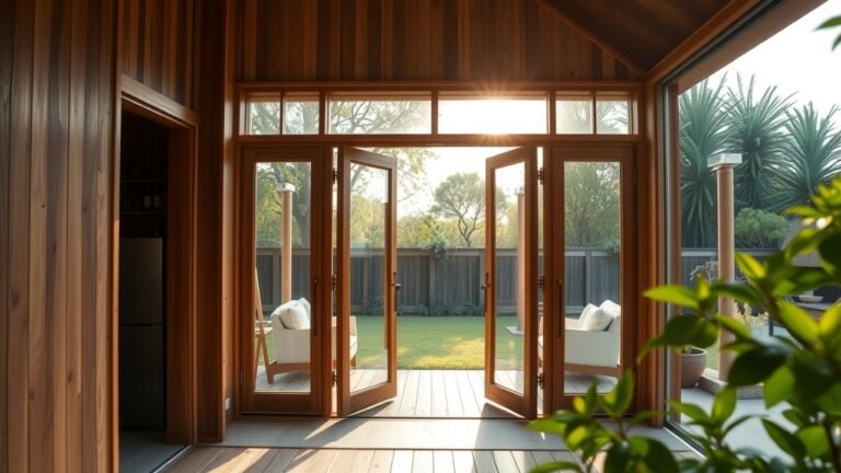 Maison bioclimatique contemporaine vue grand angle, grandes portes en bois Minco ouvrant sur jardin luxuriant, lumière naturelle chaude traversant verre triple vitrage, textures détaillées du bois, ambiance douce fusionnant intérieur et extérieur, feuillage vert vibrant.