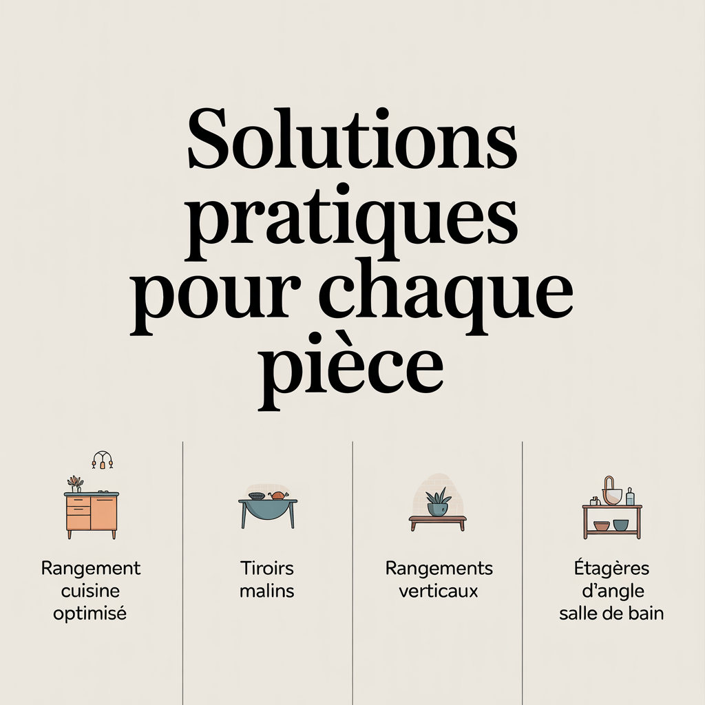 Solutions pratiques pour chaque pièce : infographie 16:9 palette crème douce avec icônes flat vector - rangement cuisine optimisé, tiroirs malins, rangements verticaux, étagères d’angle salle de bain, style ligne douce, texte noir sans-serif sur fond crème