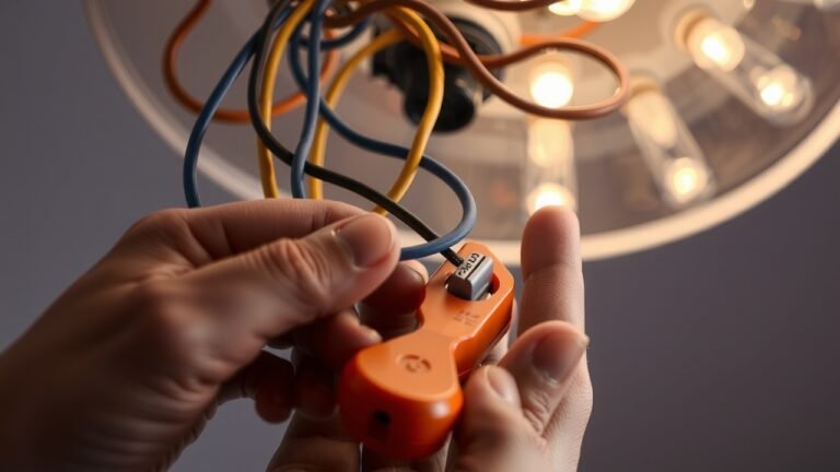 Installation électrique : gros plan sur des mains câblant une lampe de plafond moderne avec fils bleus et marron, lumière ambiante chaude, précision et textures visibles