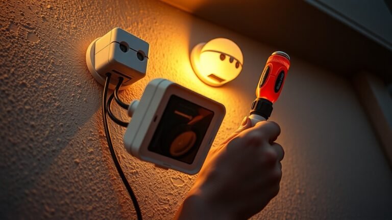 Installation de plusieurs détecteurs de mouvement sur un mur extérieur au crépuscule - lumière ambiante chaude, câblage coloré visible, texture mur rugueuse, poussière légère en suspension, ombres naturelles douces, main détaillée tenant un tournevis isolé, ambiance réaliste de maintenance domiciliaire