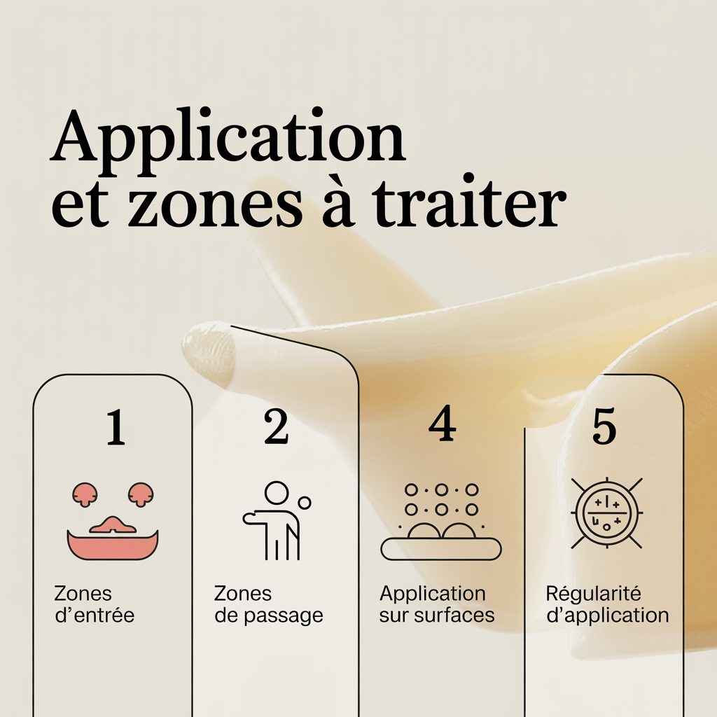 Infographie 16:9 palette crème douce, quatre panneaux numérotés avec icônes flat vector, zones d’entrée, passage, application sur surfaces et régularité, style ligne douce, texte noir sans-serif sur fond crème.