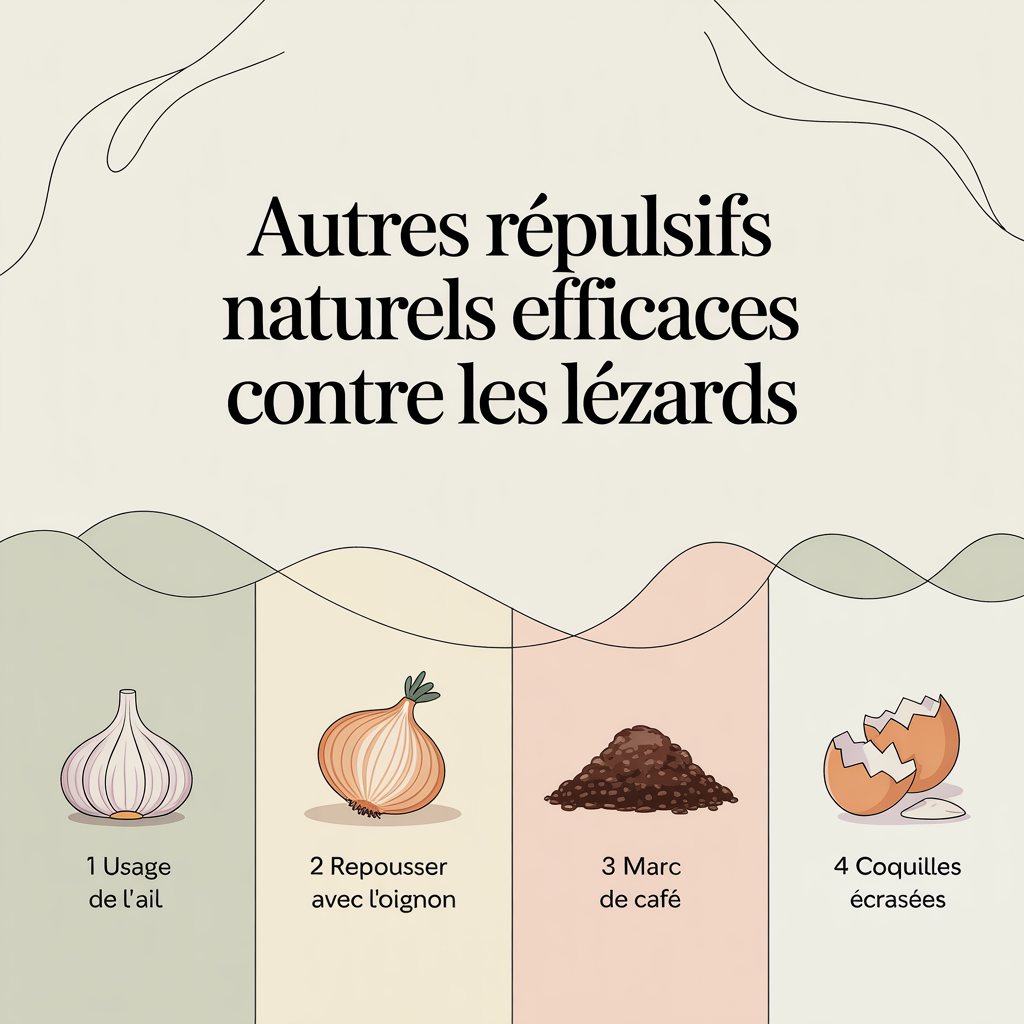 image-18 Infographie 16:9 palette crème douce présentant quatre répulsifs naturels contre les lézards : ail, oignon, marc de café et coquilles d'œuf, avec icônes flat vector, style lignes douces, texte noir sans-serif sur fond crème.