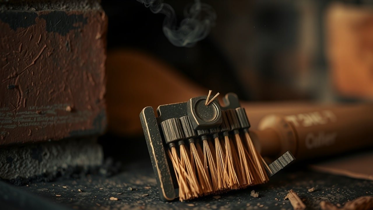 Brosse de cheminée artisanale usée au gros plan, posée près d’une cheminée enfumée avec lumière chaude et textures de briques, fines particules de suie en suspension, grain de pellicule 35 mm révélant détails naturels d’usure.
