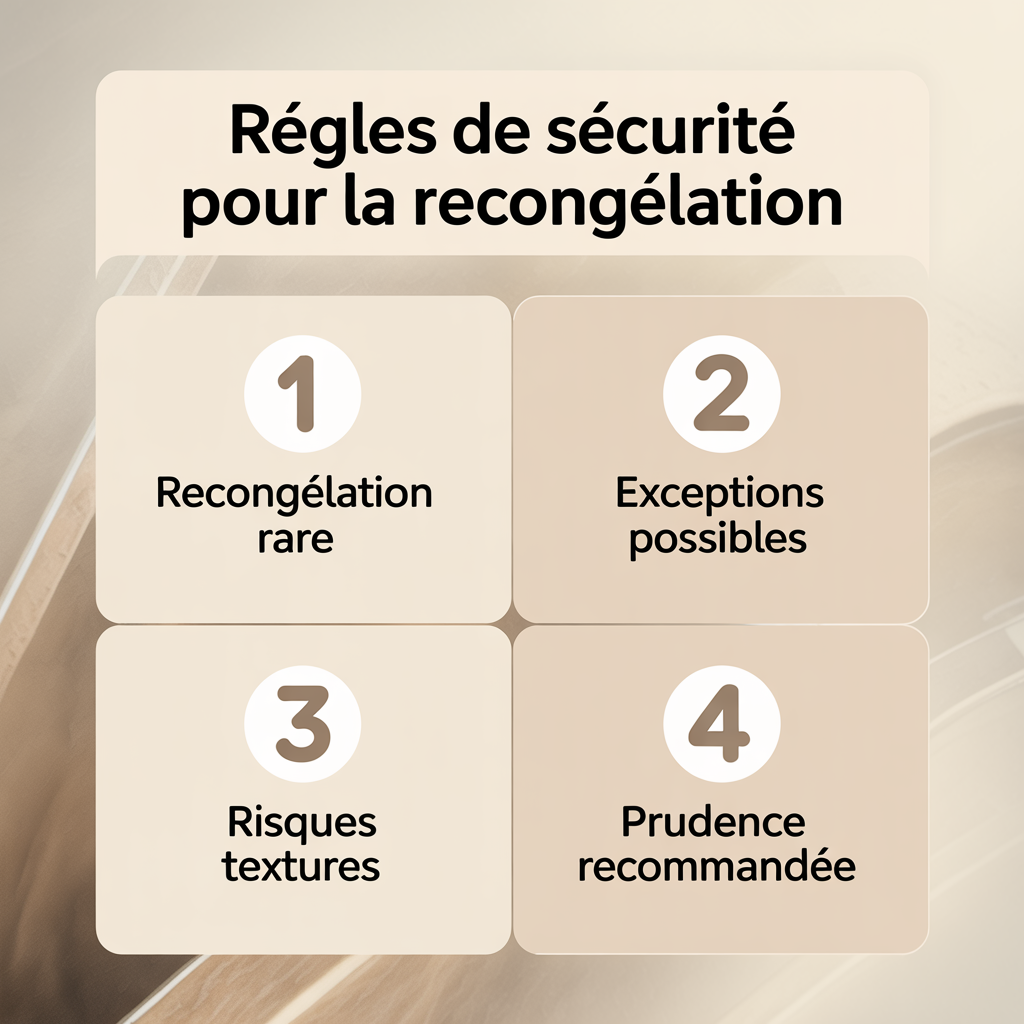 image-2 Infographie 16:9 palette crème douce présentant les règles de sécurité pour la recongélation, quatre panneaux avec icônes flat en style ligne douce : Recongélation rare, Exceptions possibles, Risques textures, Prudence recommandée, texte noir sans-serif sur fond beige clair.