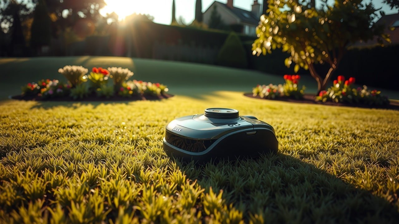 Robot tondeuse Kress Mission en action dans jardin verdoyant – prise grand angle au lever du jour