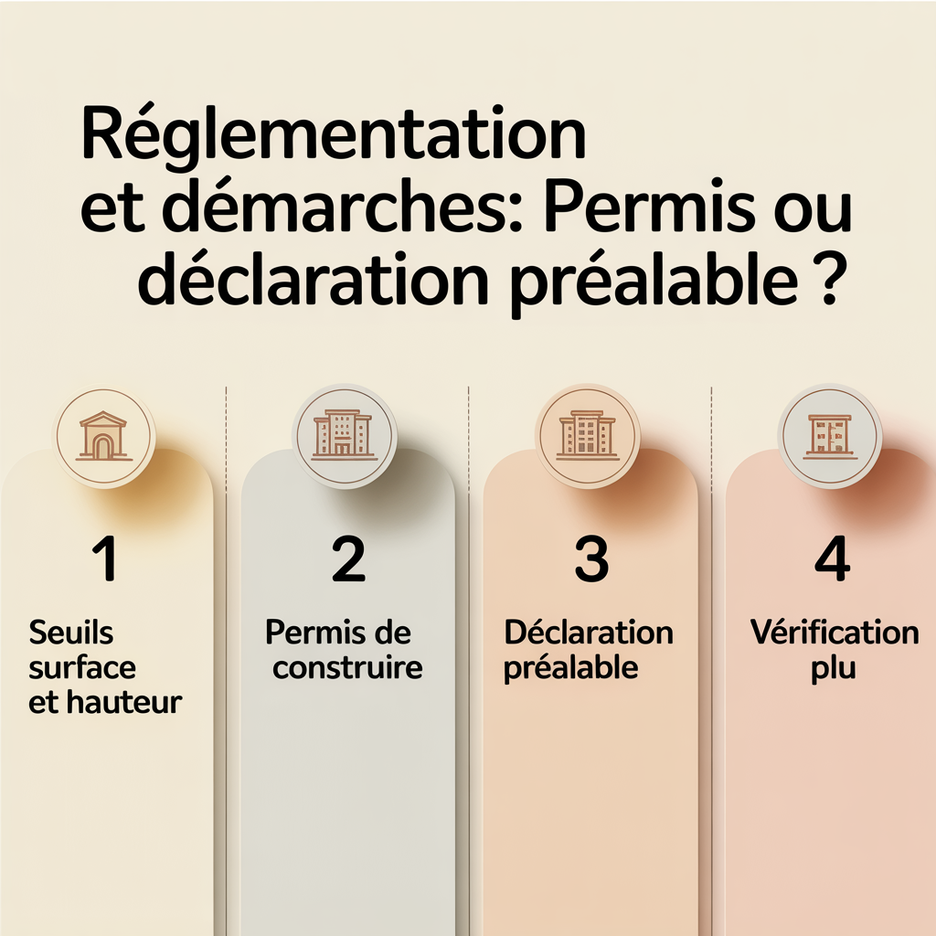 Infographie au format 16:9 avec palette crème douce illustrant la réglementation et les démarches : permis ou déclaration préalable ? Quatre panneaux numérotés avec icônes flat vector en style soft line et texte noir sans-serif indiquant « 1 Seuils surface et hauteur », « 2 Permis de construire », « 3 Déclaration préalable », « 4 Vérification PLU ». Fond clair crème, design épuré et disposition claire.