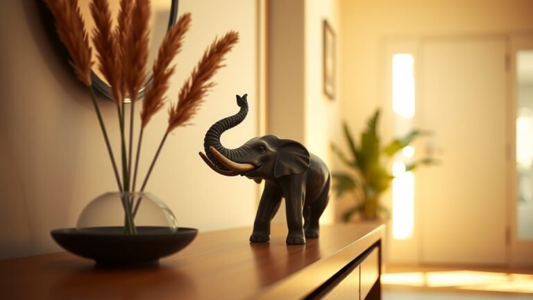 Éclairage naturel dans une entrée chaleureuse – Gros plan sur une statuette d'éléphant en bois finement sculpté à trompe levée, ambiance douce et chaleureuse, grain de film subtil, arrière-plan flou avec plantes et tons terreux