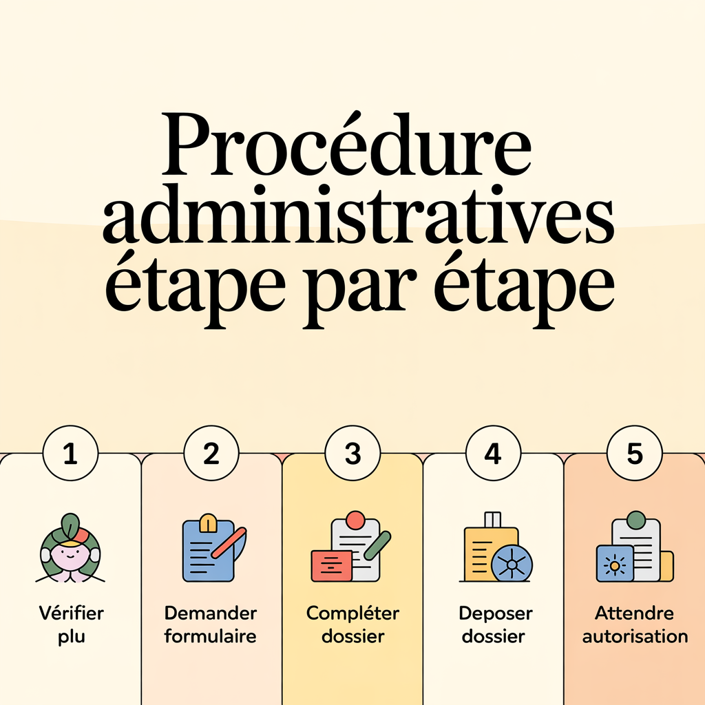 Infographie 16:9 palette crème douce illustrant les procédures administratives étape par étape avec cinq panneaux numérotés et icônes flat vector : vérifier PLU, demander formulaire, compléter dossier, déposer dossier, attendre autorisation, style lignes douces, texte sans-serif noir sur fond crème.