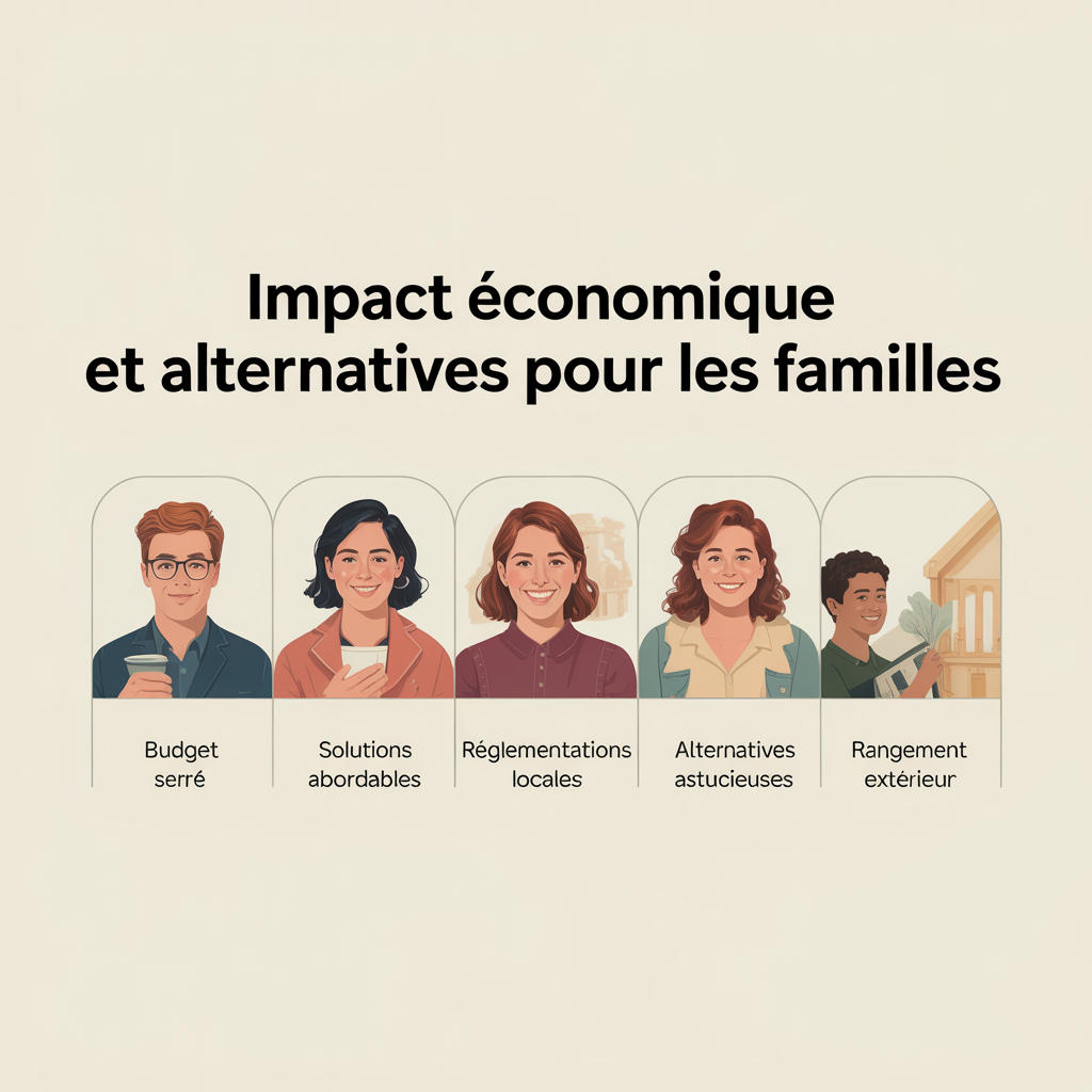 image-25 Infographie format 16:9 avec palette crème douce affichant cinq panneaux sur l'impact économique et les alternatives pour les familles : budget serré, solutions abordables, règlementations locales, alternatives astucieuses, rangement extérieur, icônes flat vector style lignes douces, texte noir sans-serif, fond crème.
