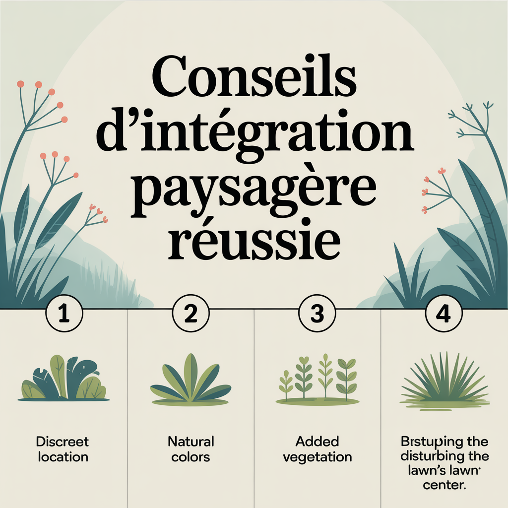 Infographie 16:9 palette crème douce avec conseils d'intégration paysagère : quatre panneaux numérotés en vectoriel flat (1 Emplacement discret, 2 Couleurs naturelles, 3 Ajout de végétation, 4 Éviter le centre pelouse), texte noir sans-serif, fond crème, style lignes douces.