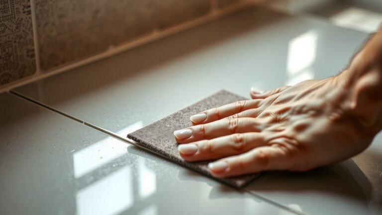 Main ponçant des carreaux de céramique brillants avec papier abrasif 120, lumière naturelle douce, poussière subtile, texture détaillée, rénovation maison précise