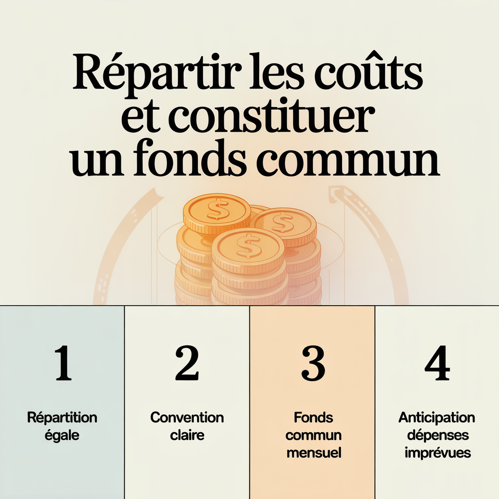 Infographie format 16:9 avec palette crème douce illustrant la répartition des coûts et la constitution d’un fonds commun en quatre panneaux numérotés avec icônes vectorielles plates, texte sans-serif noir sur fond crème clair.
