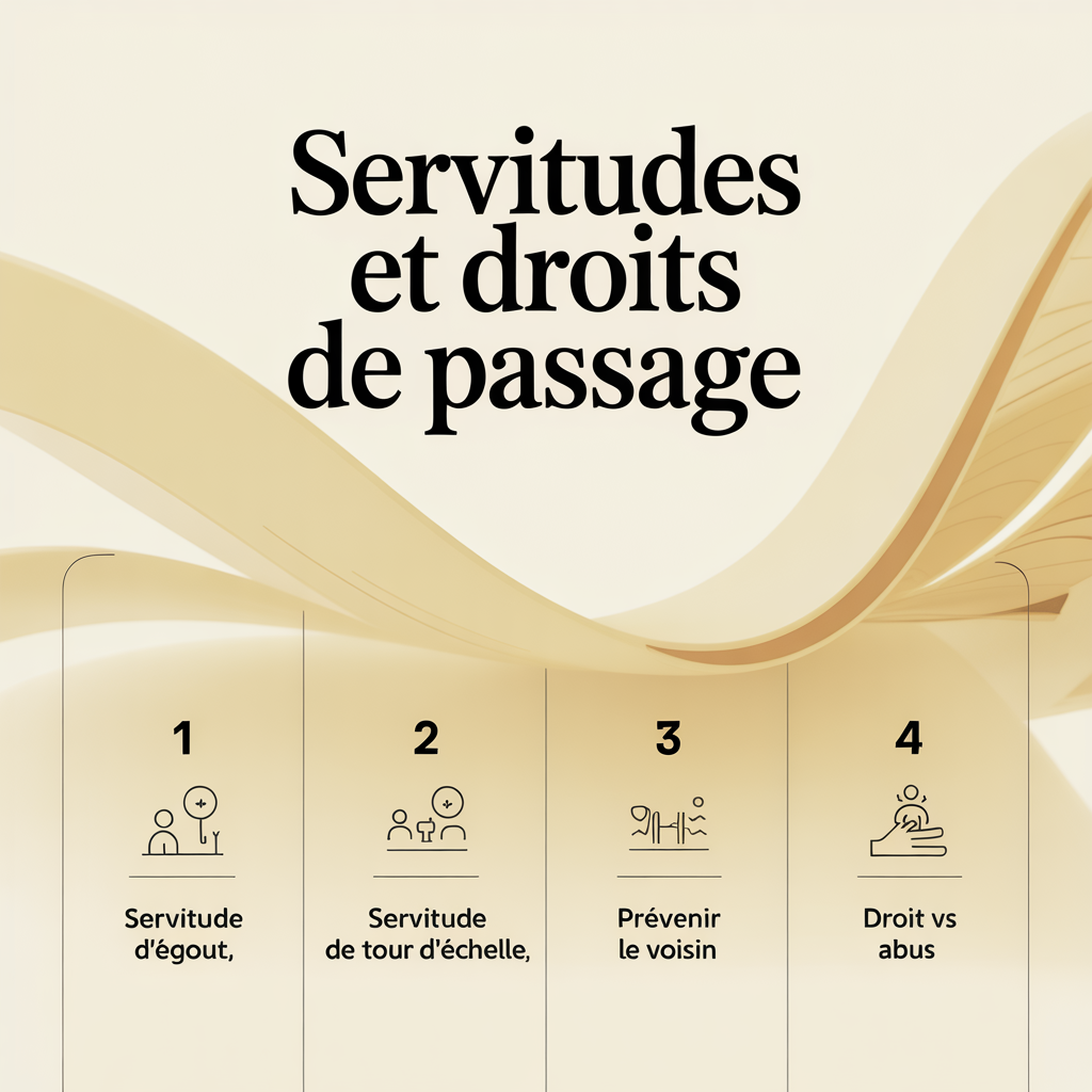 Infographie 16:9 palette crème douce sur les servitudes et droits de passage avec quatre panneaux numérotés illustrant servitude d’égout, servitude de tour d’échelle, prévenir le voisin et droit vs abus, style flat vector, lignes douces, texte noir sans-serif sur fond crème.