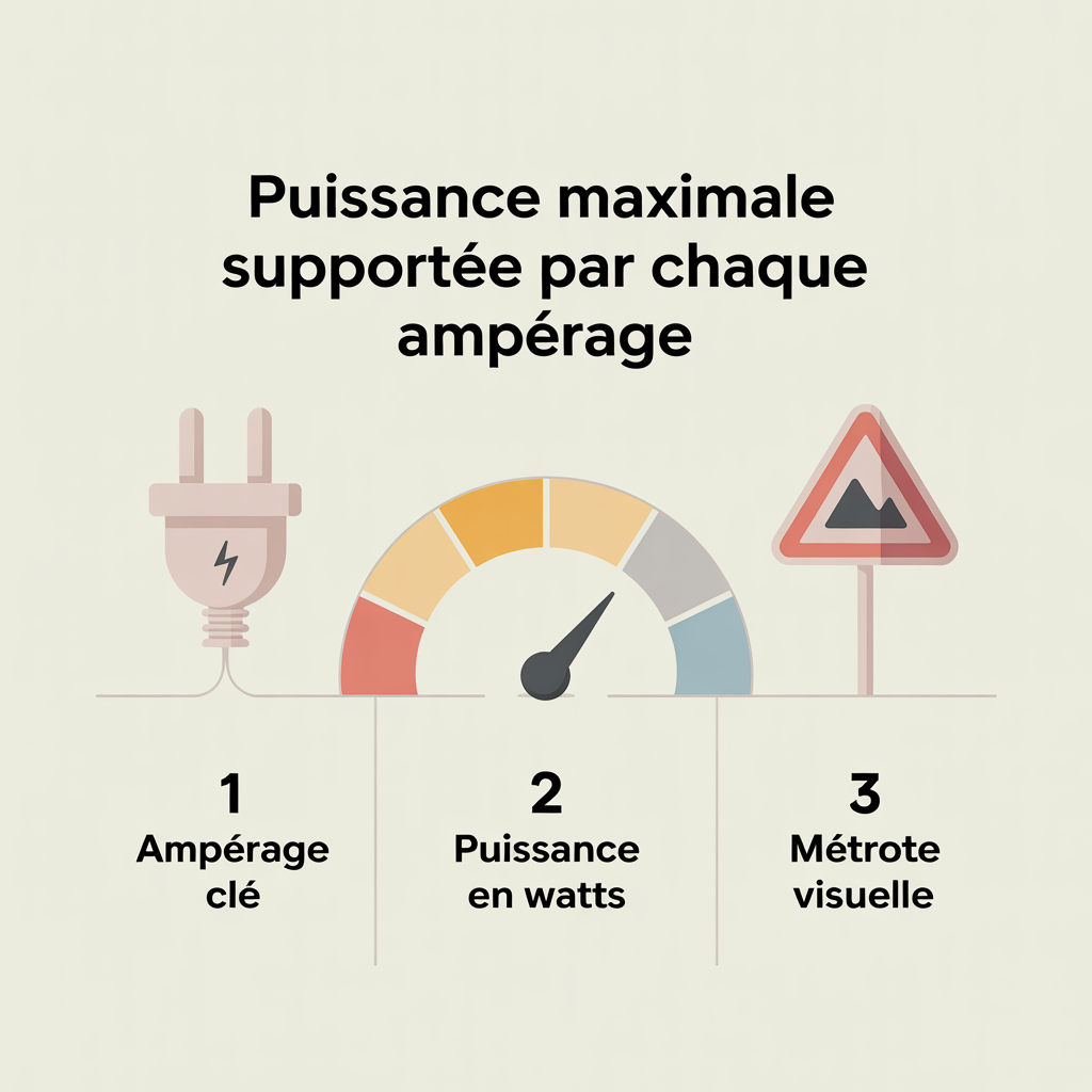 Infographie 16:9 palette crème douce montrant la puissance maximale par ampérage avec trois panneaux numérotés, icônes flat style vectoriel, texte noir sans-serif sur fond crème.