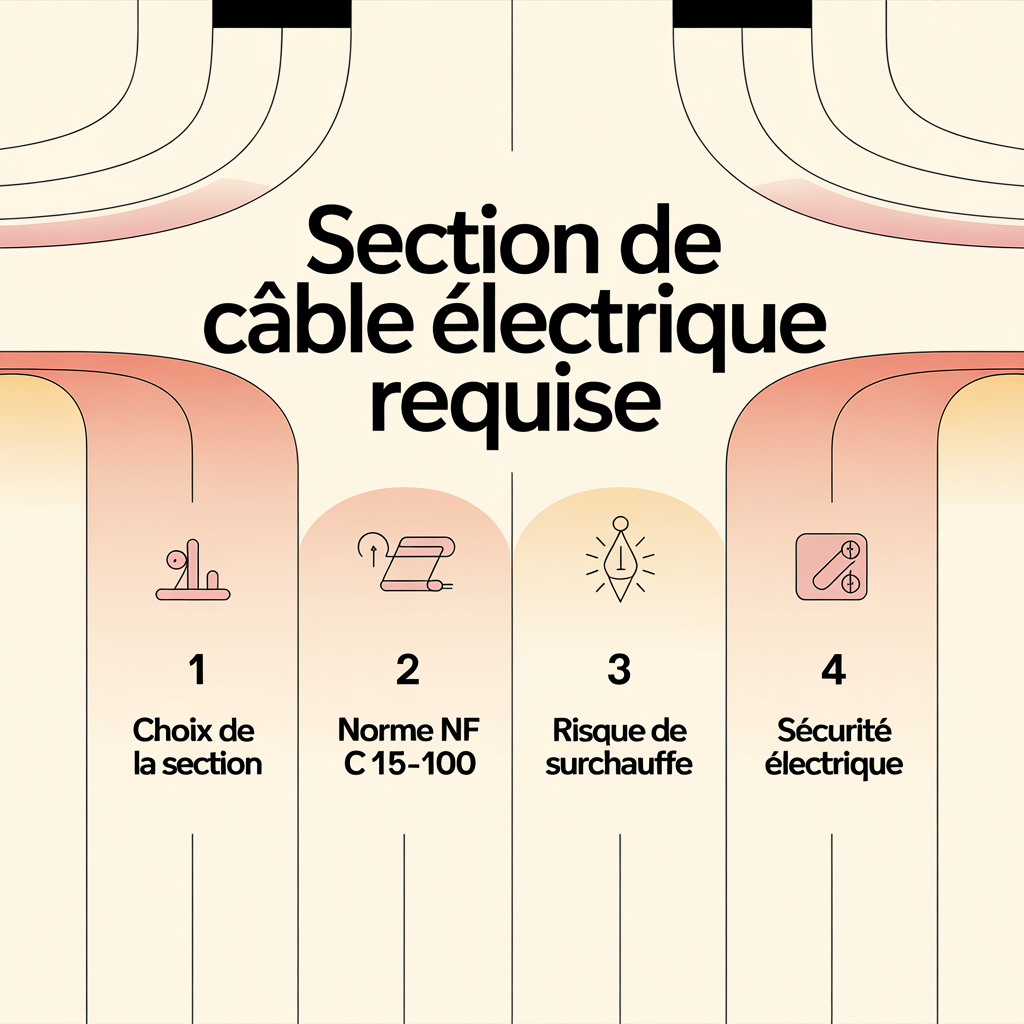 Infographie 16:9 palette crème douce montrant la section de câble électrique requise avec quatre panneaux numérotés et icônes flat vector : choix de la section, norme NF C 15-100, risque de surchauffe, sécurité électrique, style lignes douces, texte sans-serif noir sur fond crème.