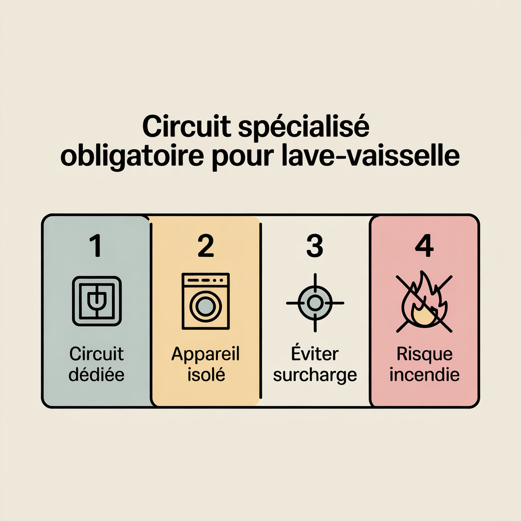 Infographie 16:9 palette crème douce illustrant un circuit spécialisé obligatoire pour lave-vaisselle avec quatre panneaux numérotés en style flat vector : tableau électrique « 1 Circuit dédié », lave-vaisselle « 2 Appareil isolé », disjoncteur « 3 Éviter surcharge », flamme barrée « 4 Risque incendie », texte sans-serif noir sur fond crème clair.