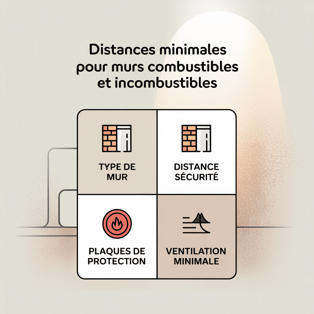 Infographie 16:9 en palette crème douce montrant les distances minimales pour murs combustibles et incombustibles avec quatre panneaux illustrant type de mur, distance de sécurité, plaques de protection et ventilation minimale, style traits doux, texte noir sans-serif sur fond crème clair.