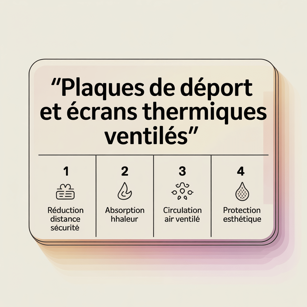 Infographie 16:9 palette crème douce montrant plaques de déport et écrans thermiques ventilés avec quatre panneaux numérotés et icônes flat : réduction distance sécurité, absorption chaleur, circulation air ventilé, protection esthétique, texte noir sans-serif, style vectoriel et lignes douces, fond crème.