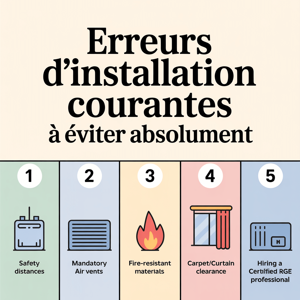 Erreurs d'installation courantes à éviter : infographie crème douce 16:9 avec 5 panneaux numérotés, icônes flat vector, texte noir sans-serif, conseils sécurité et RGE.