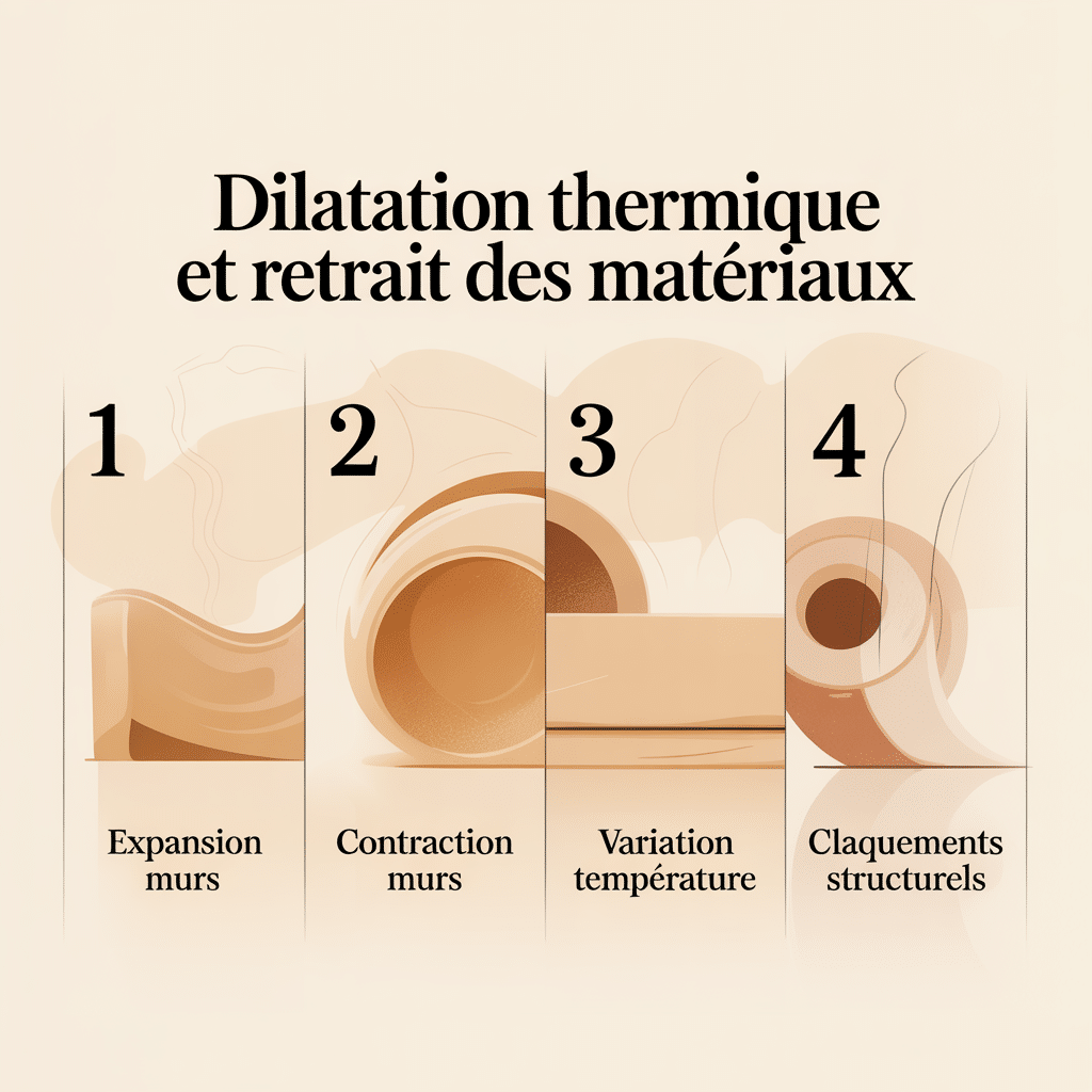 Infographie 16:9 palette crème douce sur la dilatation thermique et retrait des matériaux avec quatre panneaux numérotés illustrant expansion murs, contraction murs, variation température et claquements structurels, style lignes douces, texte sans-serif noir, fond crème clair.