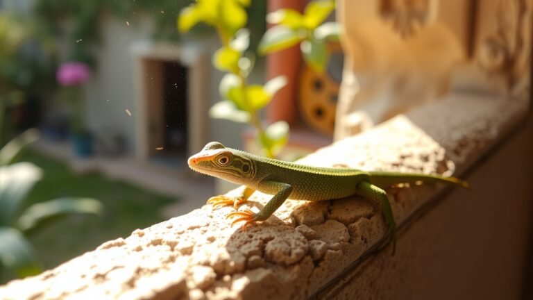 Petit lézard vert sur rebord de fenêtre en pierre, lumière naturelle douce, texture de la peau détaillée, arrière-plan de jardin flou, ambiance chaleureuse