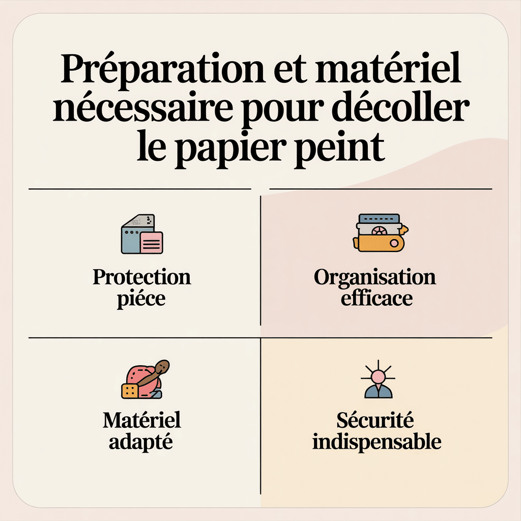 image-43 Infographie 16:9 palette crème douce montrant la préparation et le matériel nécessaire pour décoller le papier peint avec quatre panneaux numérotés et icônes flat : protection pièce, organisation efficace, matériel adapté, sécurité indispensable, style lignes douces, texte sans-serif noir sur fond crème.