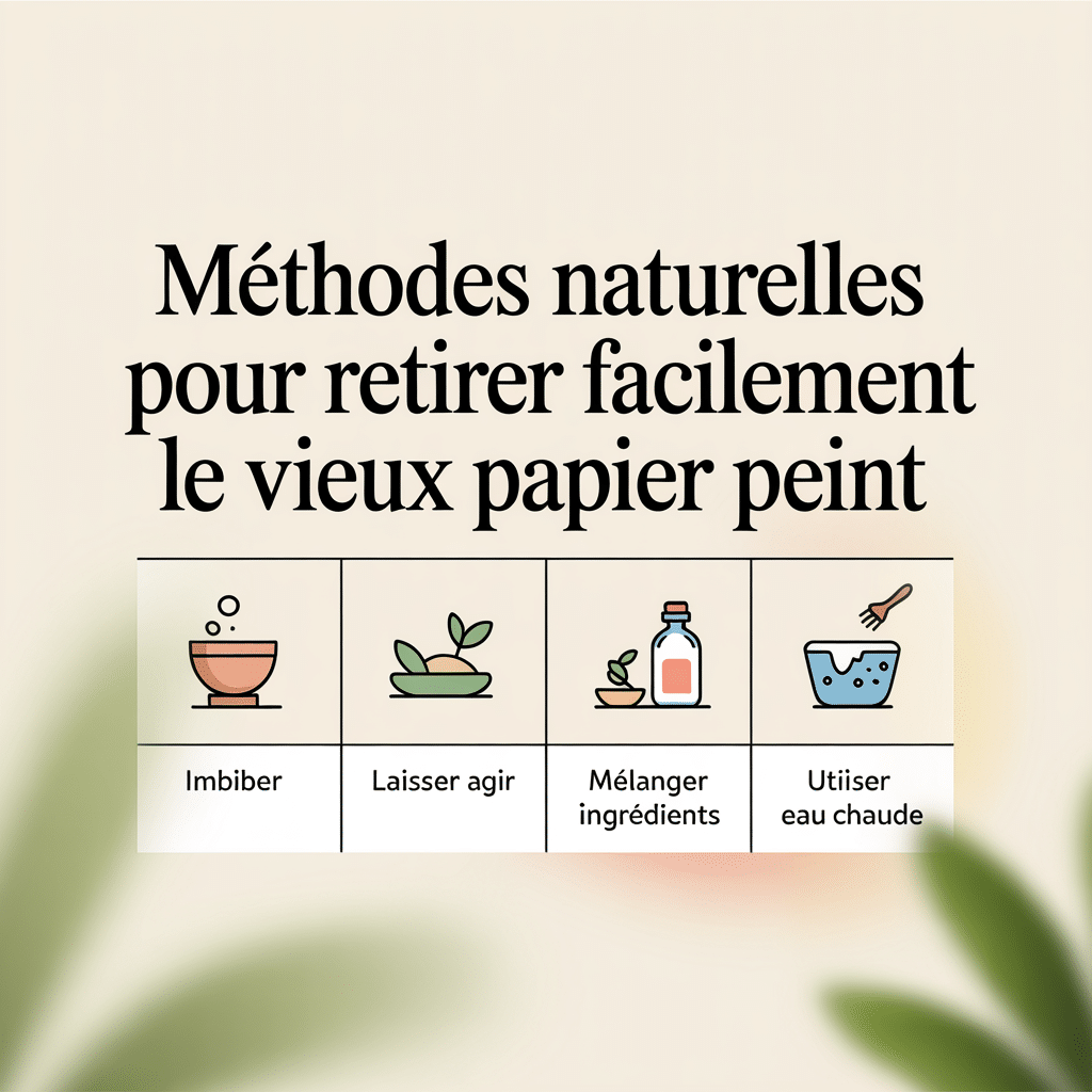 image-44 Méthodes naturelles pour retirer le vieux papier peint – Infographie 16:9 palette crème douce avec quatre étapes illustrées en icônes flat vector : imbiber, laisser agir, mélanger ingrédients, utiliser eau chaude, texte noir sans-serif sur fond crème.