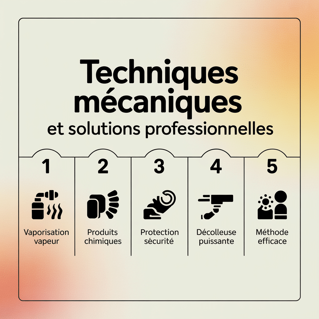 image-45 Infographie 16:9 palette crème douce présentant cinq techniques mécaniques professionnelles numérotées avec icônes flat vector : vaporisation vapeur, produits chimiques, protection sécurité, décolleuse puissante, méthode efficace, style ligne douce, texte noir sans-serif sur fond crème clair.