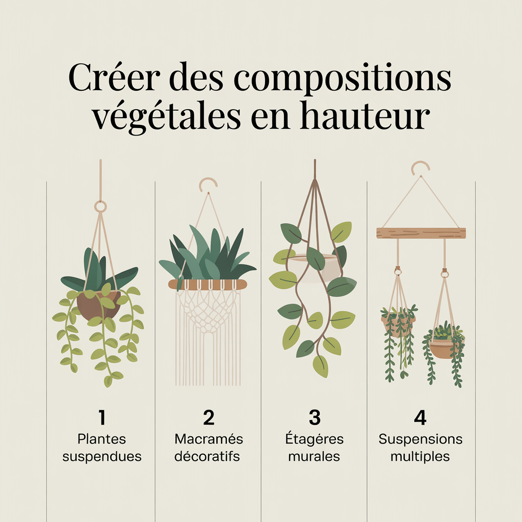 image-47 Infographie 16:9 palette crème douce montrant quatre panneaux avec icônes flat et texte noir sans-serif : « 1 Plantes suspendues », « 2 Macramés décoratifs », « 3 Étagères murales », « 4 Suspensions multiples », style flat vector, fond crème, composition végétale en hauteur.