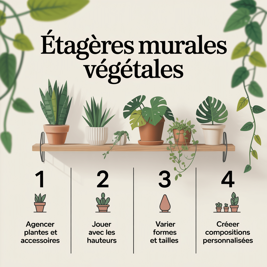 Infographie 16:9 aux tons crème doux montrant quatre étapes pour créer des étagères murales végétales : agencer plantes et accessoires, jouer avec les hauteurs, varier formes et tailles, créer des compositions personnalisées, avec icônes vectorielles plates, texte noir sans-serif sur fond crème.