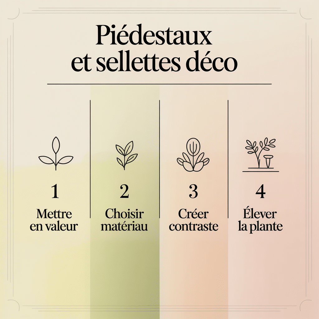 Infographie 16:9 palette crème douce avec quatre panneaux numérotés et icônes flat : piédestaux et sellettes déco, mise en valeur, choix du matériau, création de contraste, élévation de plante, style ligne douce, texte noir sans-serif sur fond crème.